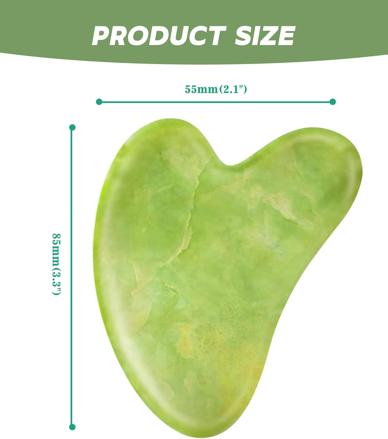 Green gua sha tool with measurements on a white background