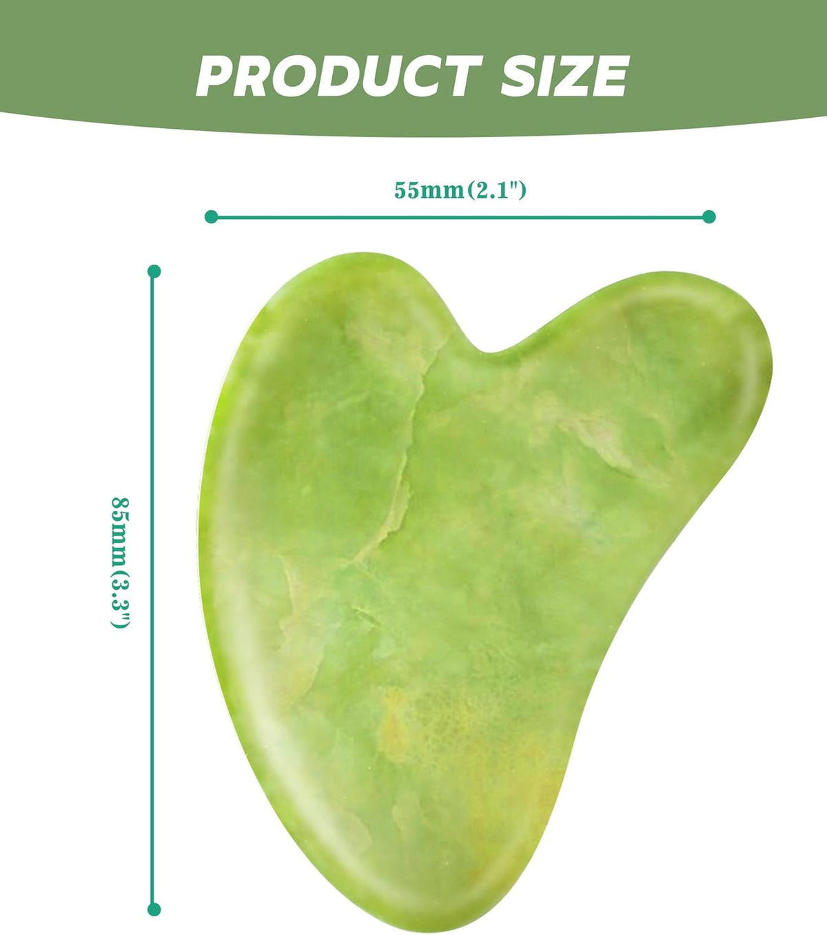 Green gua sha tool with measurements on a white background