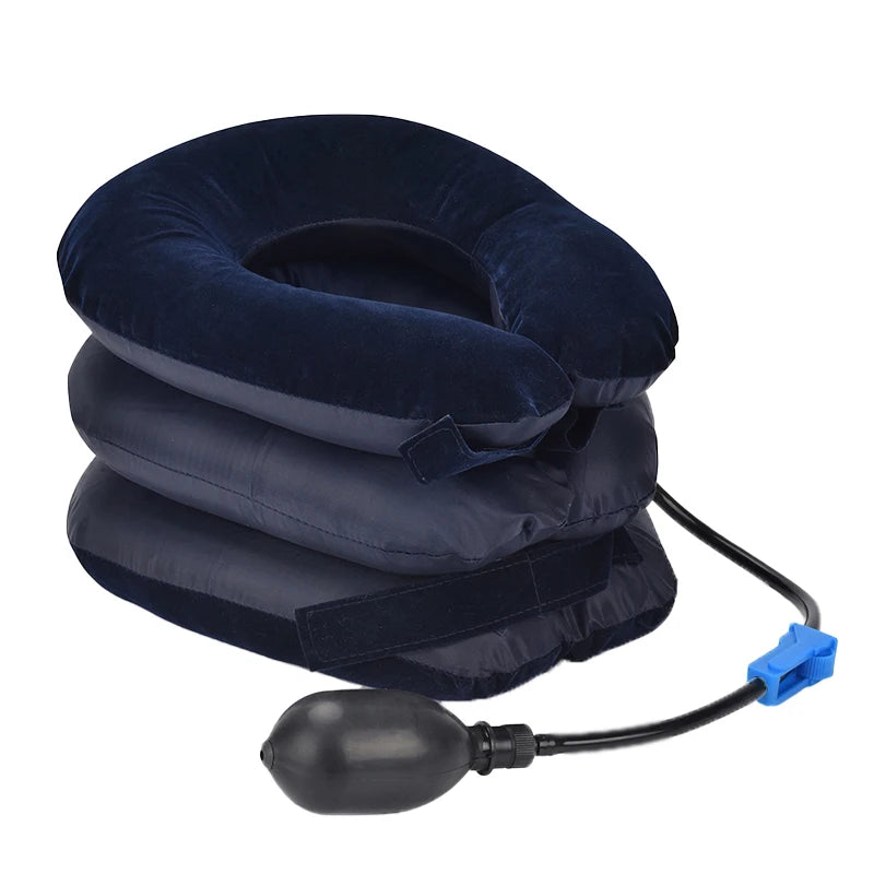 NeckEase™ Inflatable cervical traction pillow in navy blue with hand pump