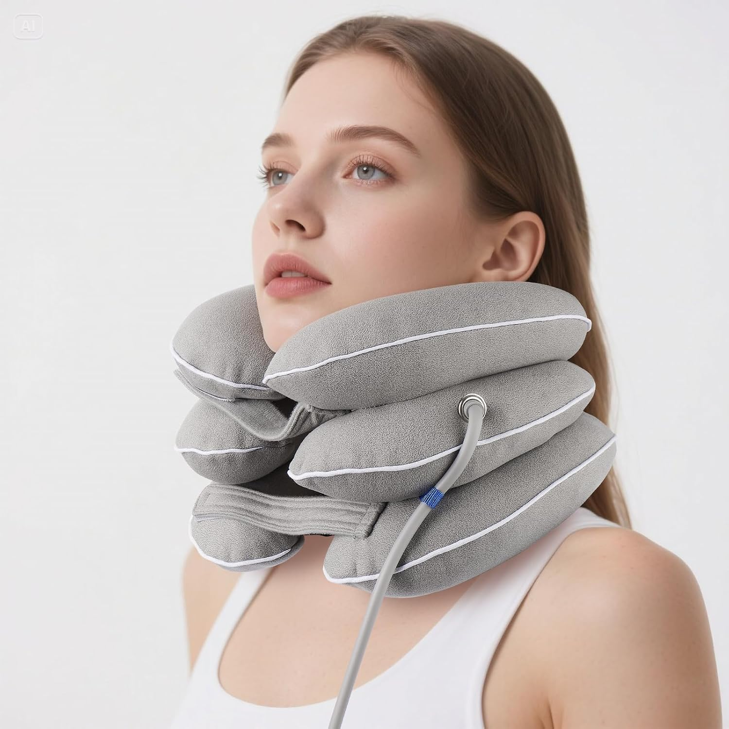 NeckEase™ Inflatable cervical traction pillow worn on neck.