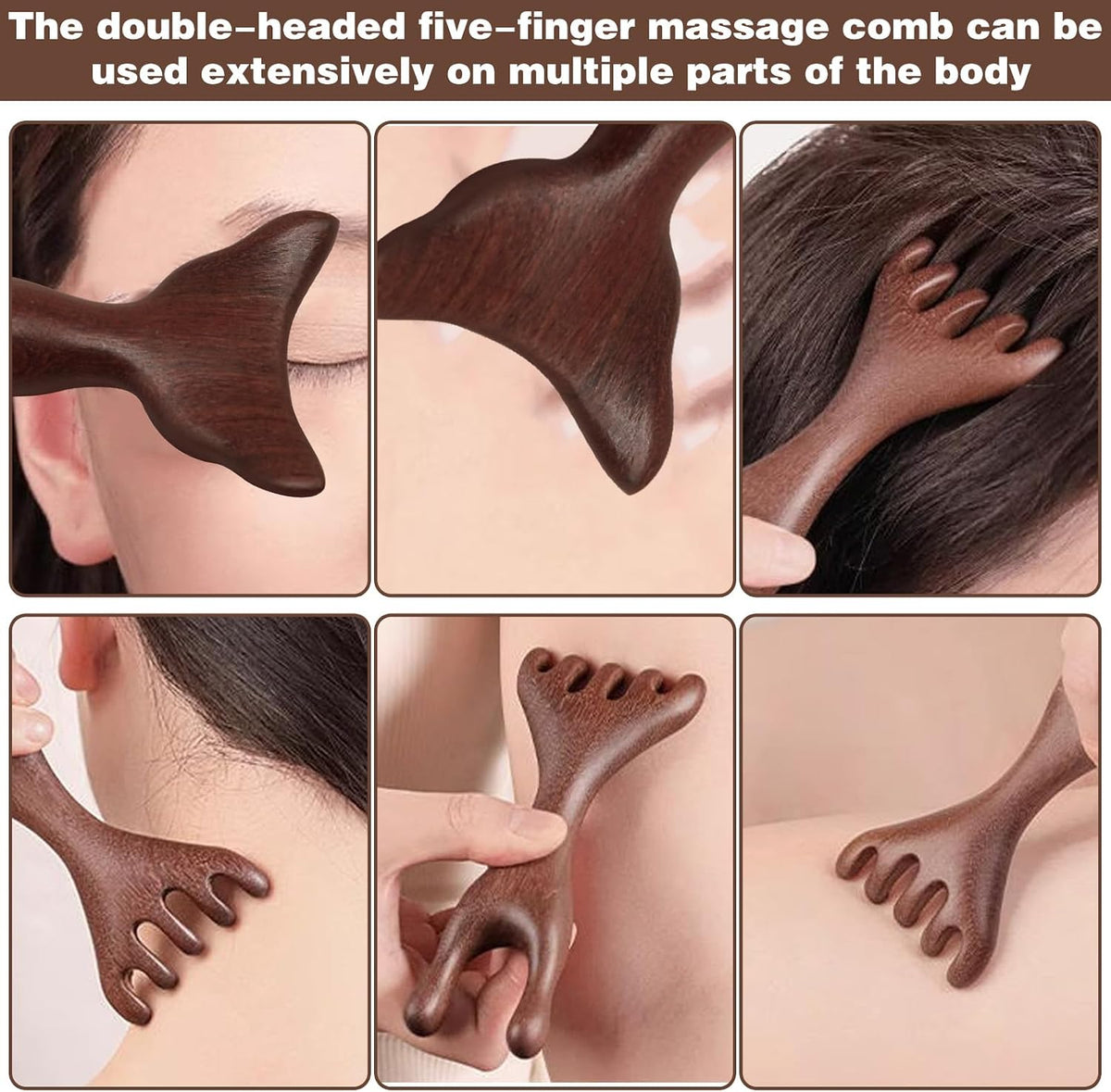 Double-Headed Five-Finger Massage Comb, Wooden Massage Comb Five Touch Therapy Tool for Men Women Moderate Size and Easy to Carry, Can Be Used on Eyes Face & Neck